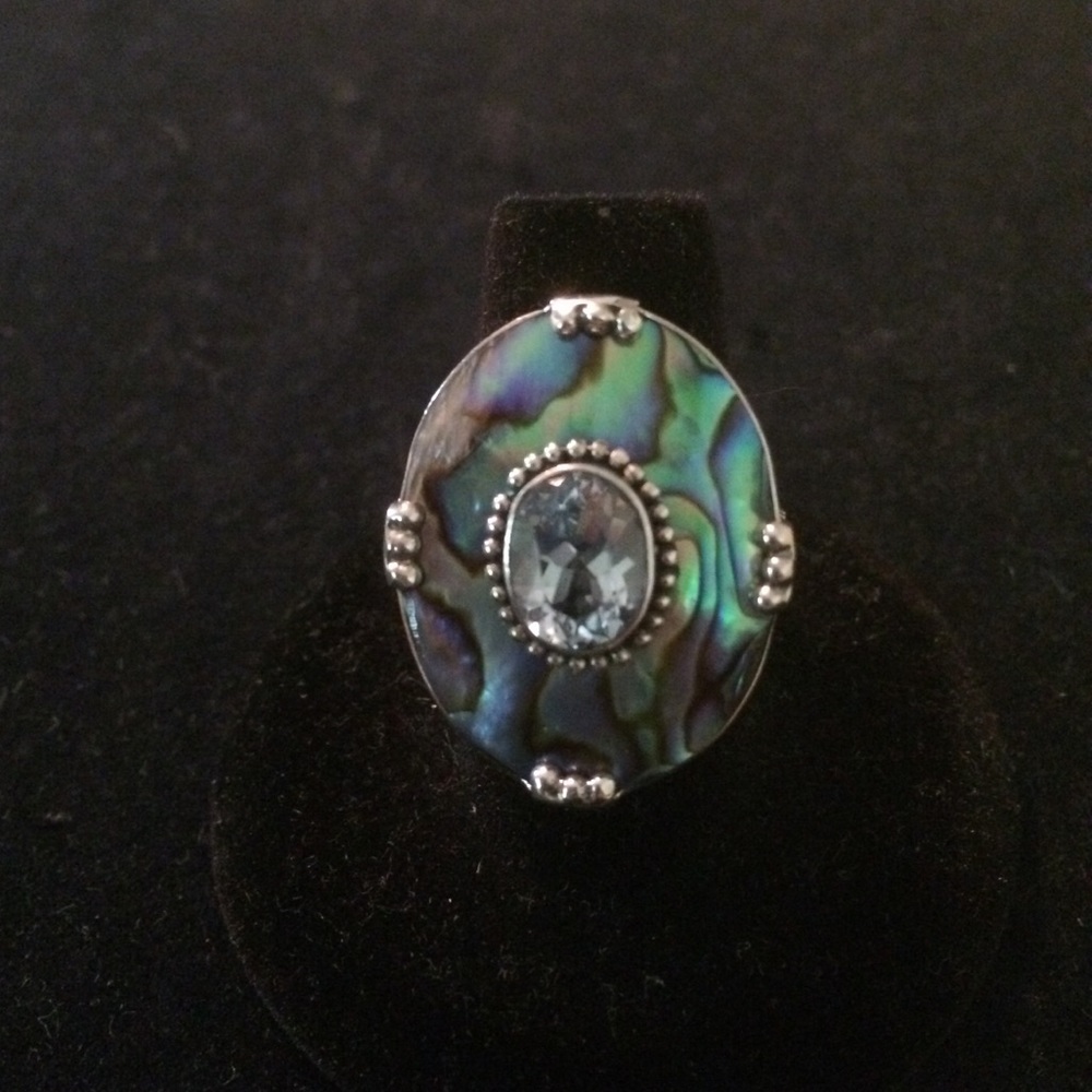 Blue topaz and abalone ring. 925 size 8